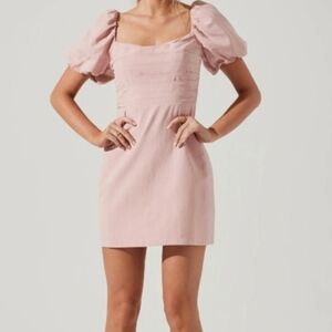 ASTR The Label Dusty Rose Linen Pleat Front Puff Sleeve Mini Dress M